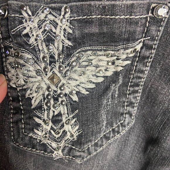 Miss Me Jeans Size 31 Bootcut Grey Denim Distressed Angel Wing Cross Y2K Western - Picture 9 of 9